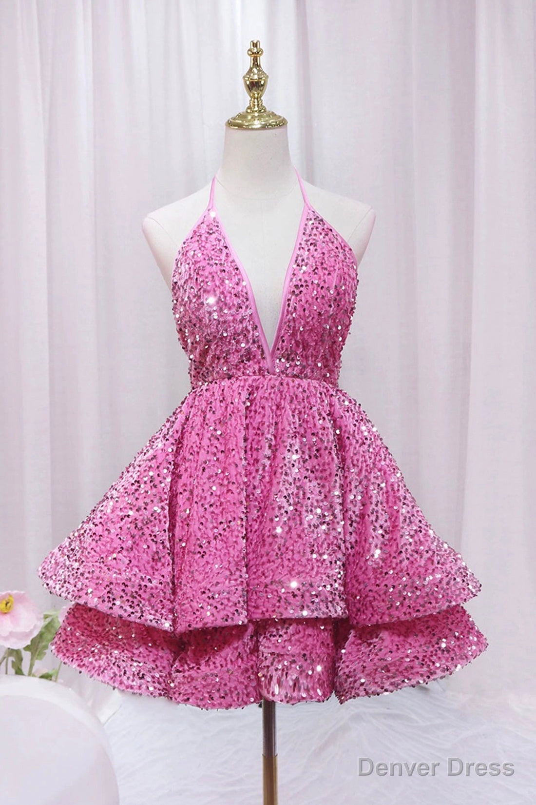 Pink V Neck Sequins Short Prom Dress, Pink A Line Backless Prom Dresses