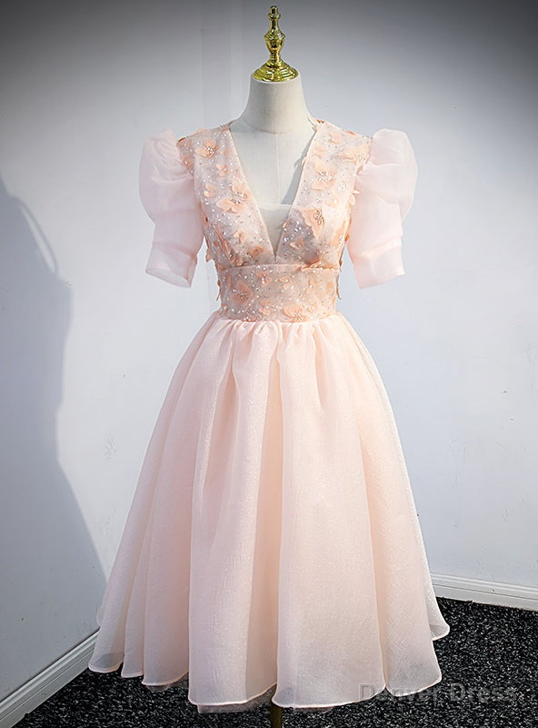 Pink V-neck Short Sleeve Appliques Beading Sequins Short Prom Dress Main image