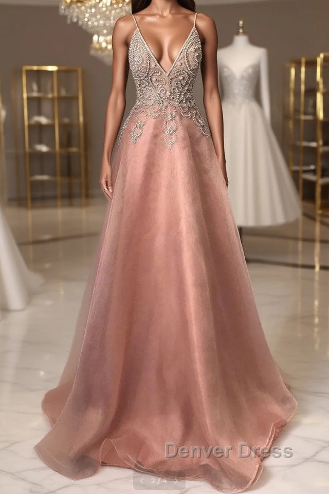 Pink v neck tulle beads long prom Dress pink Prom Dresses