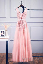Pink V Neck Tulle Lace Applique Long Prom Dresses, Pink Bridesmaid Dresses