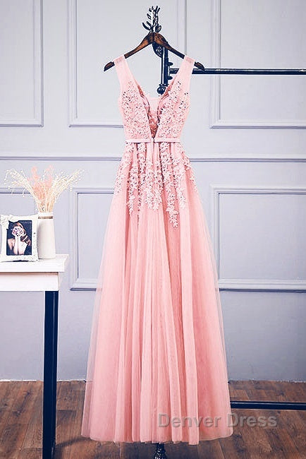 Pink V Neck Tulle Lace Applique Long Prom Dress, Pink Bridesmaid Dresses Secondary image