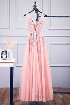 Pink V Neck Tulle Lace Applique Long Prom Dress, Pink Bridesmaid Dresses