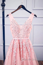 Pink V Neck Tulle Lace Applique Long Prom Dresses, Pink Bridesmaid Dresses