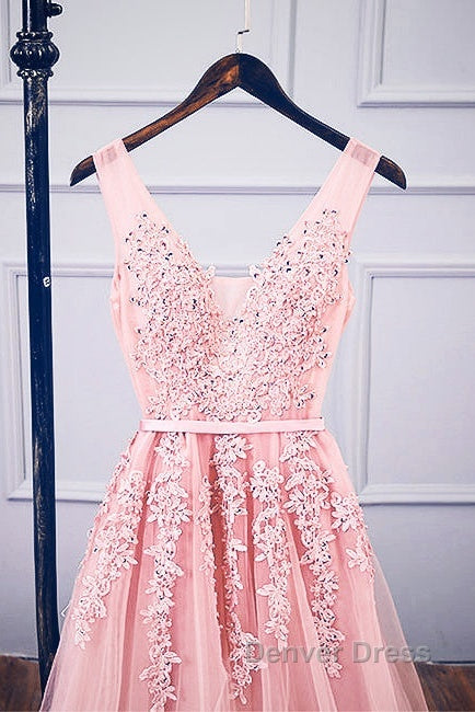 Pink V Neck Tulle Lace Applique Long Prom Dresses, Pink Bridesmaid Dresses