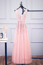 Pink V Neck Tulle Lace Applique Long Prom Dress, Pink Bridesmaid Dresses