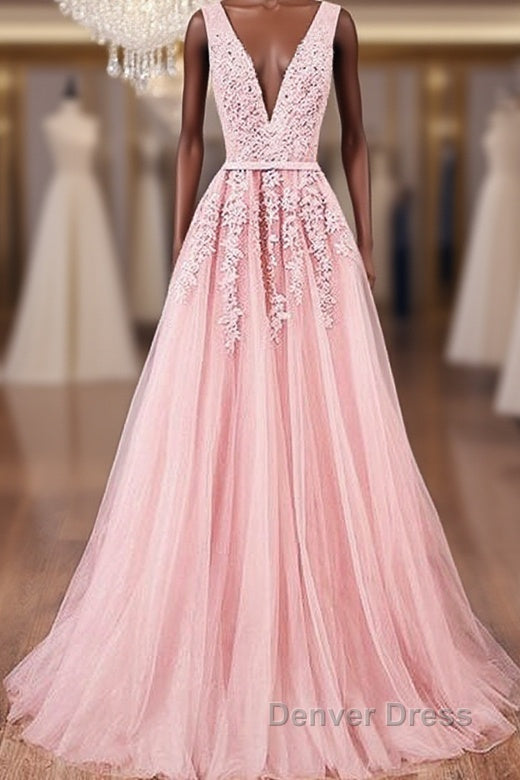 Pink V Neck Tulle Lace Applique Long Prom Dresses, Pink Bridesmaid Dresses