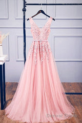 Pink V Neck Tulle Lace Applique Long Prom Dress, Pink Bridesmaid Dress