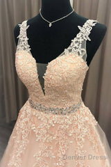 Pink V Neck Tulle Lace Long Prom Dress Pink Evening Dress