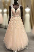 Pink V Neck Tulle Lace Long Prom Dresses Pink Evening Dresses