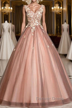 Pink v neck tulle lace long prom Dress pink tulle Prom Dresses