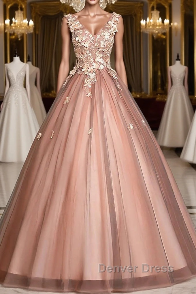 Pink v neck tulle lace long prom Dress pink tulle Prom Dresses