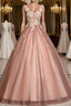 Pink v neck tulle lace long prom Dress pink tulle Prom Dresses