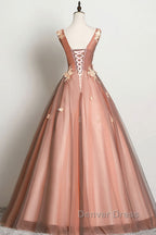 Pink v neck tulle lace long prom Dress pink tulle Prom Dresses