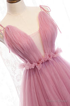 Pink V Neck Tulle Long Prom Dress, A Line Prom Dresses