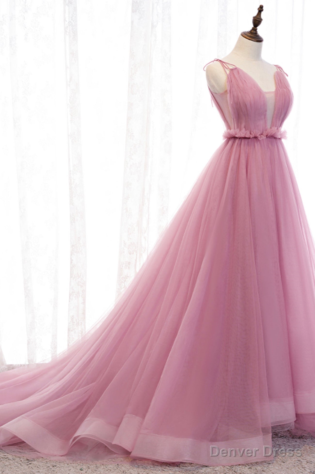 Pink V Neck Tulle Long Prom Dress, A Line Prom Dresses
