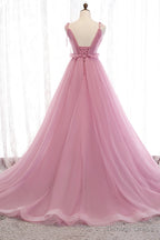 Pink V Neck Tulle Long Prom Dress, A Line Prom Dresses