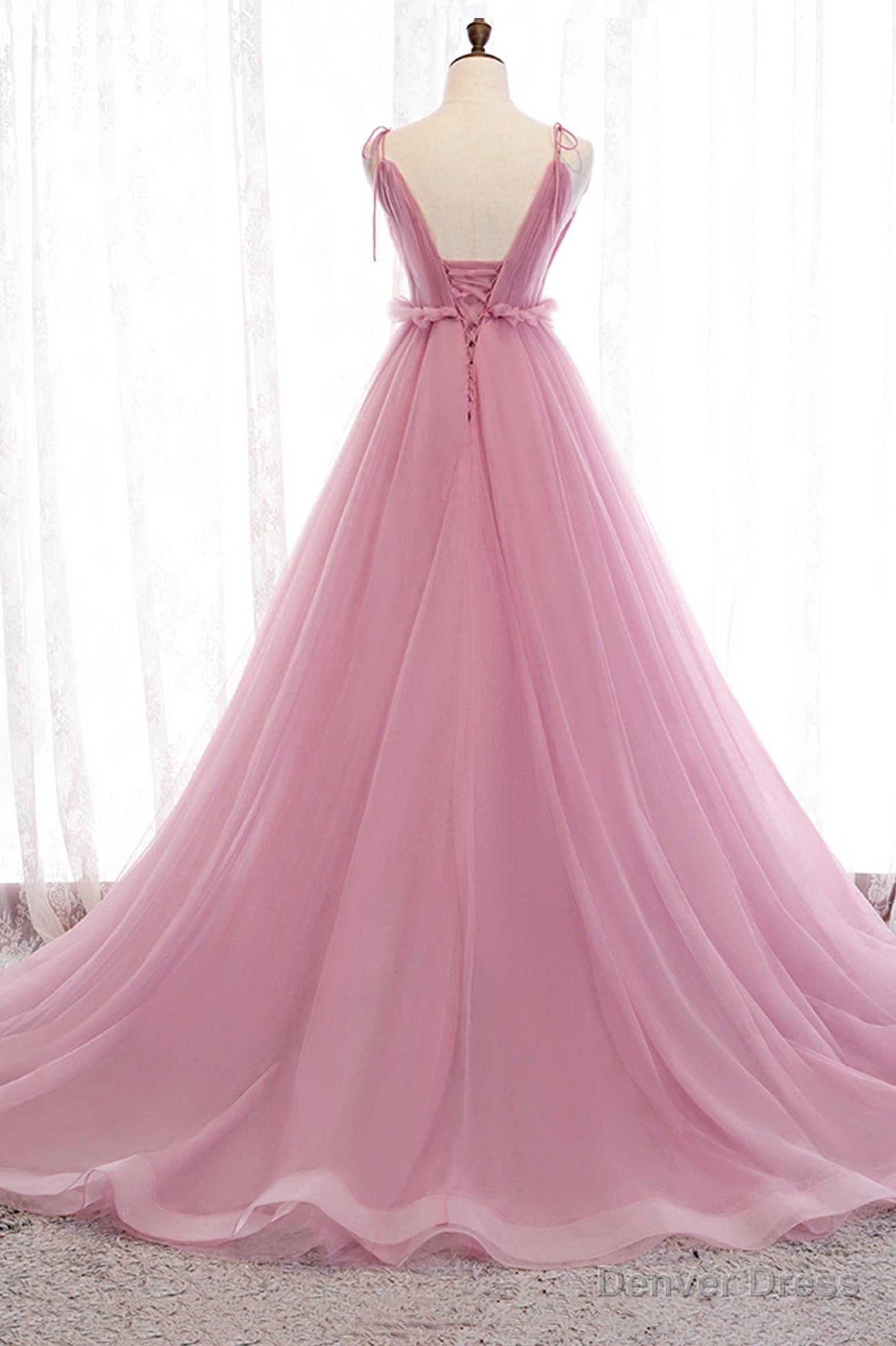 Pink V Neck Tulle Long Prom Dress, A Line Prom Dresses