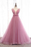 Pink V Neck Tulle Long Prom Dress, A Line Prom Dresses