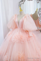 Pink V Neck Tulle Long Prom Dress, A Line Puff Sleeve Princess Dresses