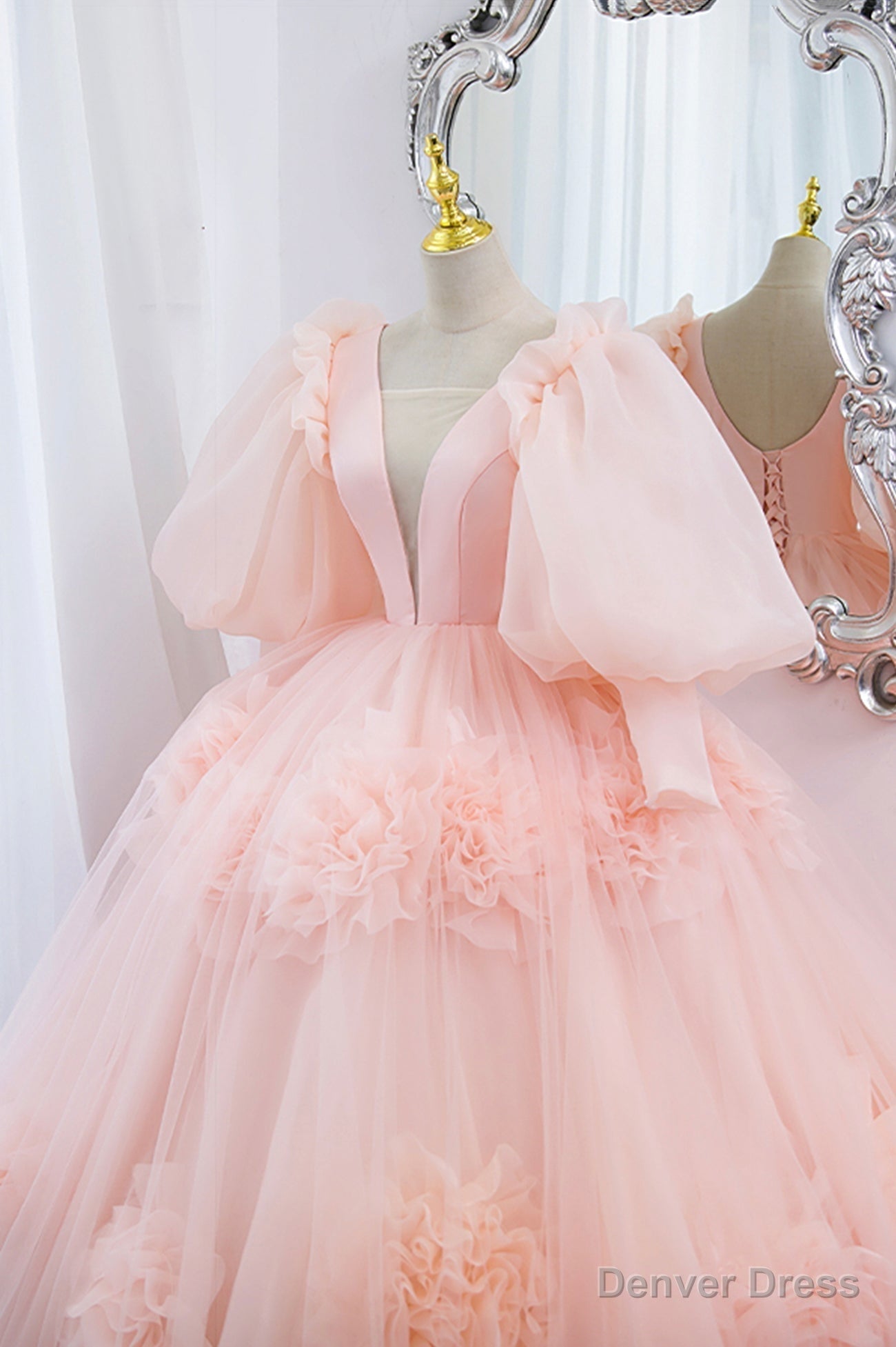Pink V Neck Tulle Long Prom Dress, A Line Puff Sleeve Princess Dresses