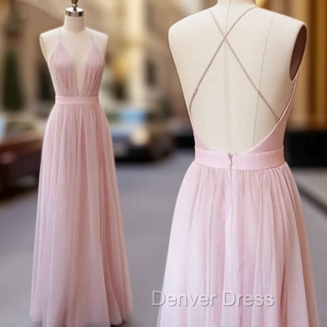 Pink V Neck Tulle Long Prom Dresses, Evening Dresses
