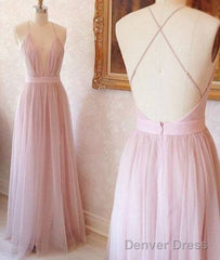 Pink V Neck Tulle Long Prom Dress, Evening Dress