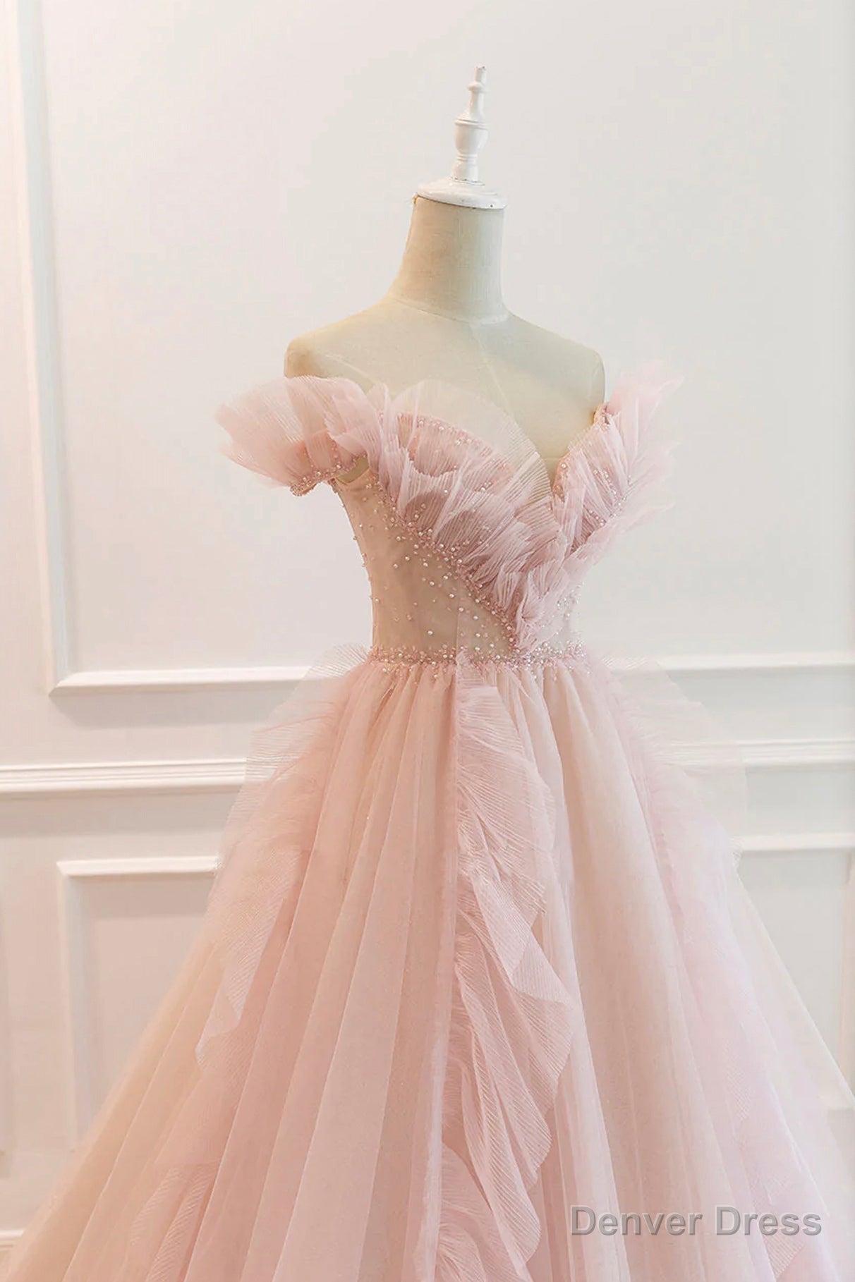 Pink V Neck Tulle Long Prom Dress, Off the Shoulder Prom Graduation Dresses