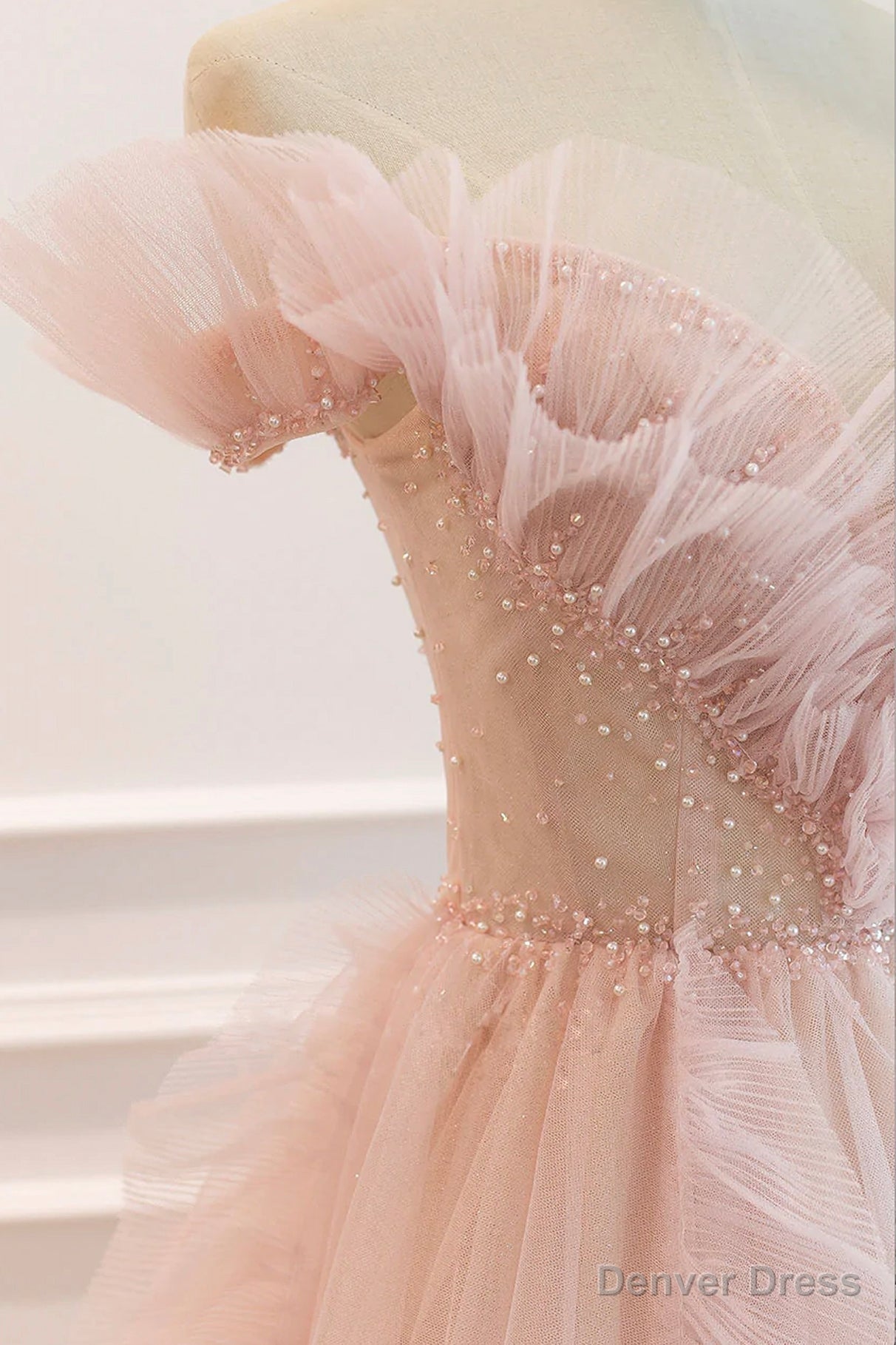 Pink V Neck Tulle Long Prom Dress, Off the Shoulder Prom Graduation Dresses