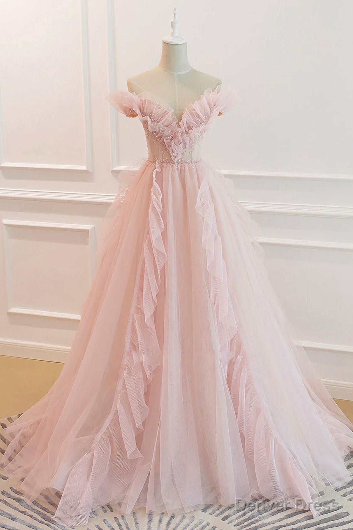 Pink V Neck Tulle Long Prom Dress, Off the Shoulder Prom Graduation Dresses
