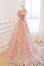 Pink V Neck Tulle Long Prom Dress, Off the Shoulder Prom Graduation Dresses