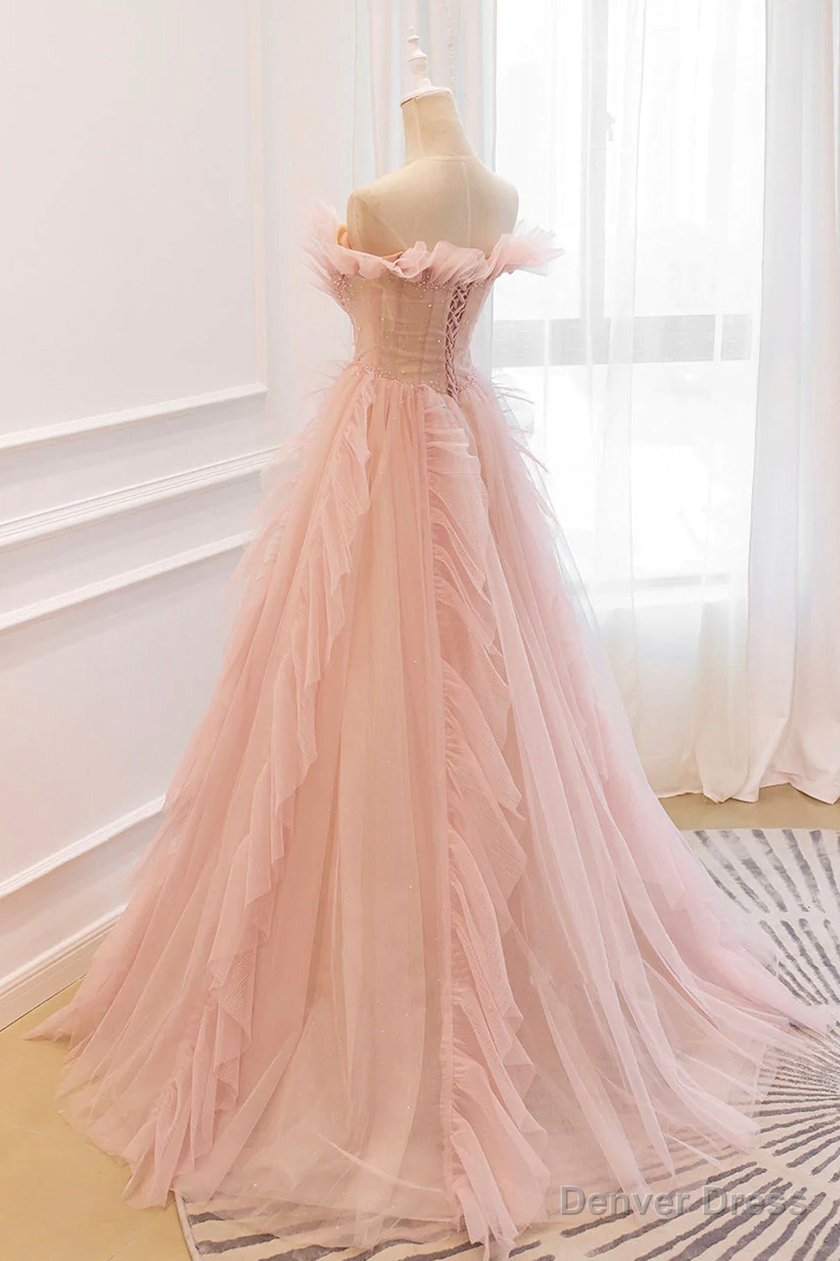 Pink V Neck Tulle Long Prom Dress, Off the Shoulder Prom Graduation Dresses