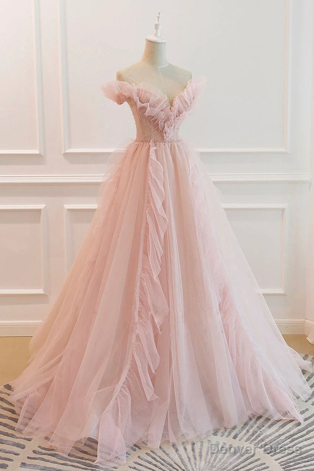 Pink V Neck Tulle Long Prom Dress, Off the Shoulder Prom Graduation Dresses