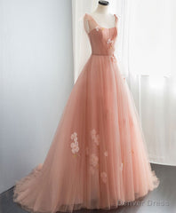 Pink V Neck Tulle Long Prom Dress, Tulle Pink Evening Dress