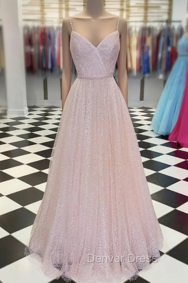 Pink V Neck Tulle Sequin Long Prom Dresses Pink Tulle Formal Dresses Main image