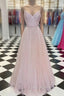 Pink V Neck Tulle Sequin Long Prom Dresses Pink Tulle Formal Dresses