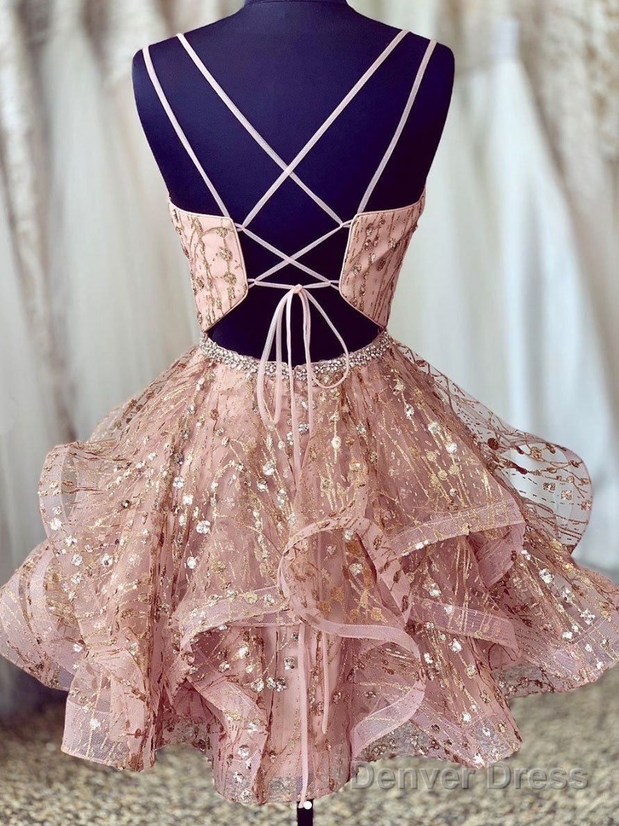 Pink V Neck Tulle Short Prom Dress, Pink Homecoming Dresses