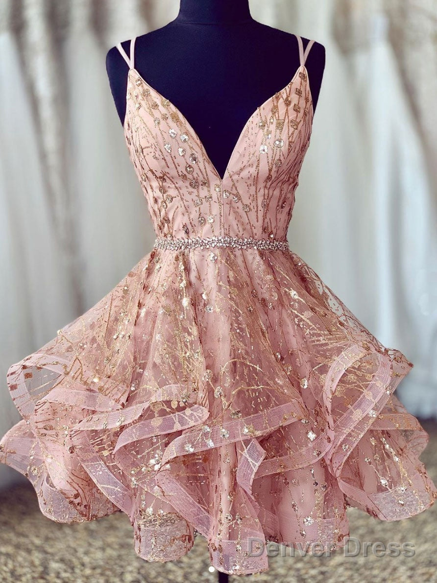 Pink V Neck Tulle Short Prom Dress, Pink Homecoming Dresses Main image