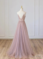 Pink V Neckline Beaded Straps Floor Length Prom Dress, Pink Long Prom Dresses