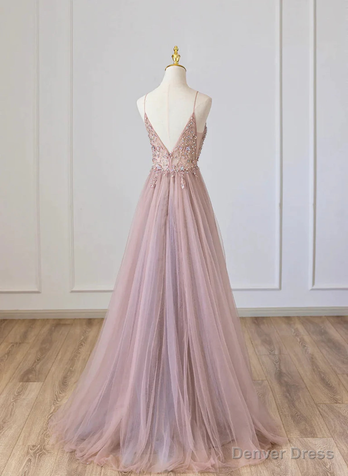Pink V Neckline Beaded Straps Floor Length Prom Dress, Pink Long Prom Dresses