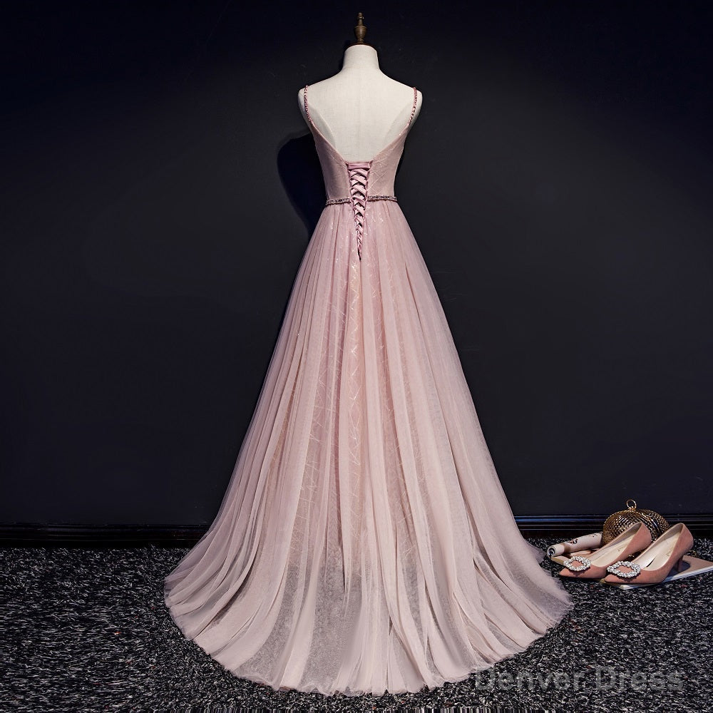 Pink V-neckline Beaded Tulle Prom Dress , Party Gown