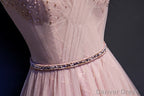 Pink V Neckline Beaded Tulle Prom Dresses , Prom Gowns