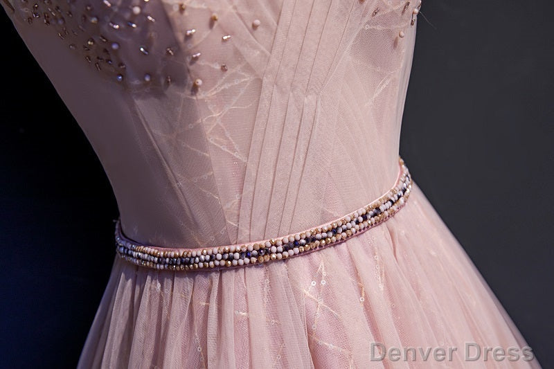 Pink V Neckline Beaded Tulle Prom Dresses , Prom Gowns
