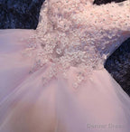 Pink V Neckline Flowers and Lace Applique Prom Dress, Short Prom Dresses