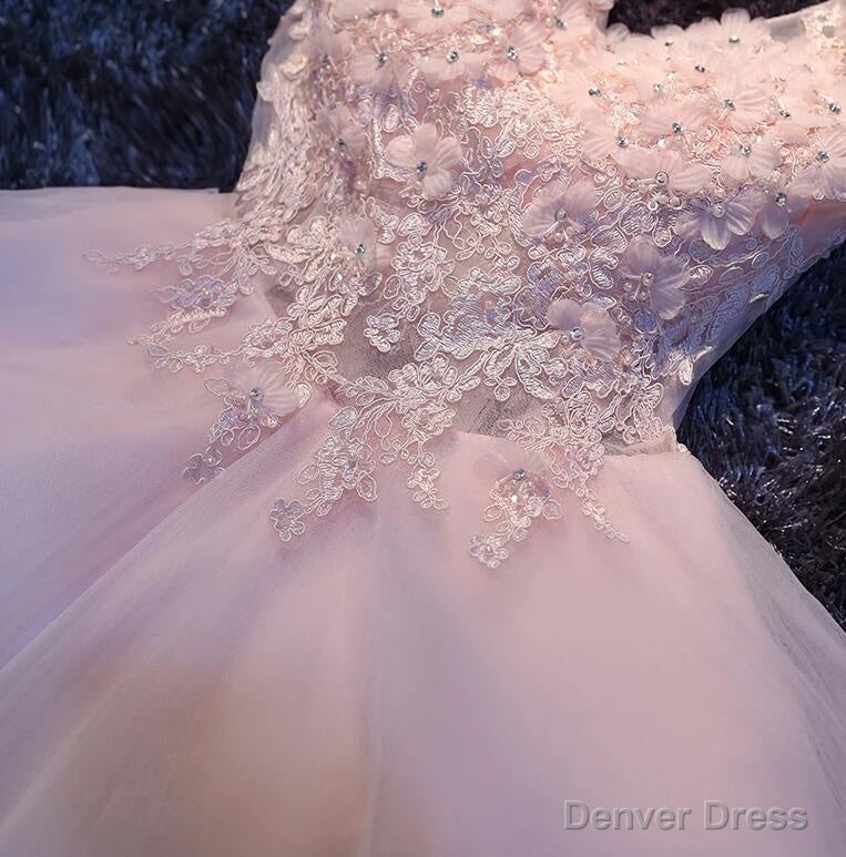 Pink V Neckline Flowers and Lace Applique Prom Dress, Short Prom Dresses