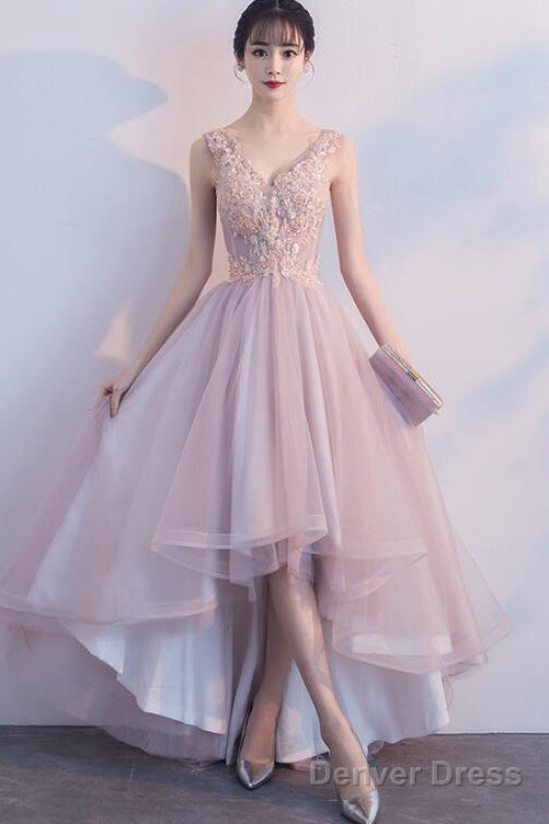 Pink V-Neckline High Low Fashionable Party Dress, Pink Prom Dress Main image