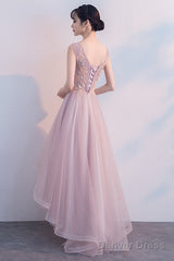 Pink V-Neckline High Low Formal Dress, Lace Applique Homecoming Dress
