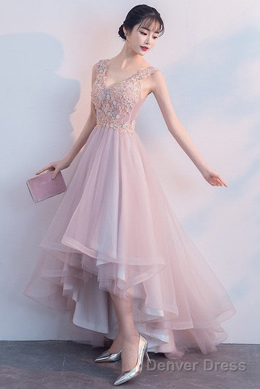 Pink V-Neckline High Low Formal Dress, Lace Applique Homecoming Dress
