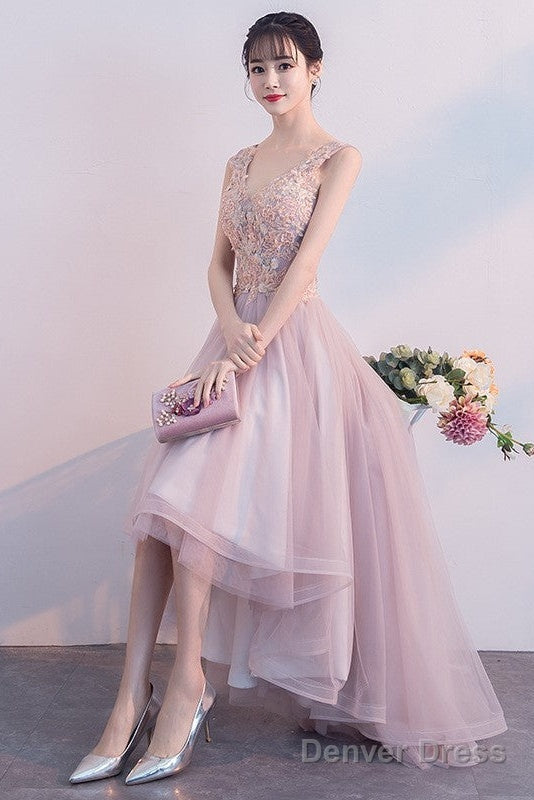 Pink V-Neckline High Low Formal Dress, Lace Applique Homecoming Dress