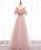 Pink V Neckline Lace Off Shoulder Long Prom Dress, Pink Floor Length Prom Dresses