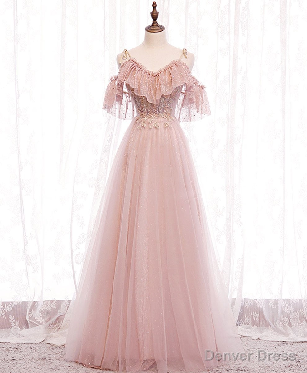 Pink V Neckline Lace Off Shoulder Long Prom Dress, Pink Floor Length Prom Dresses